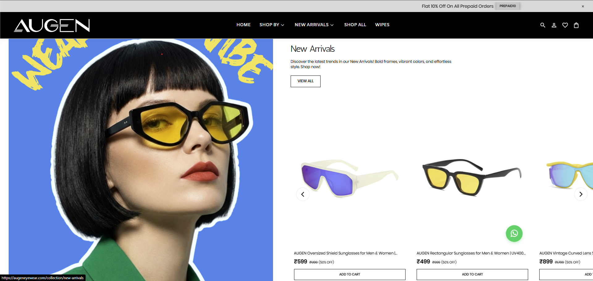 AUGEN Eyewear homepage — hero banner and product grid