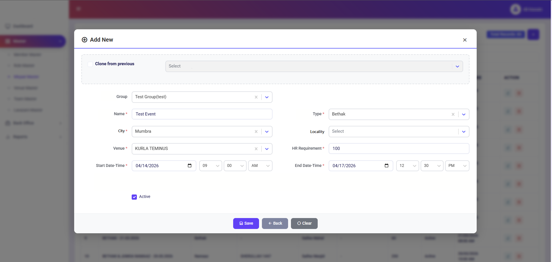 Workforce platform — event creation and scheduling