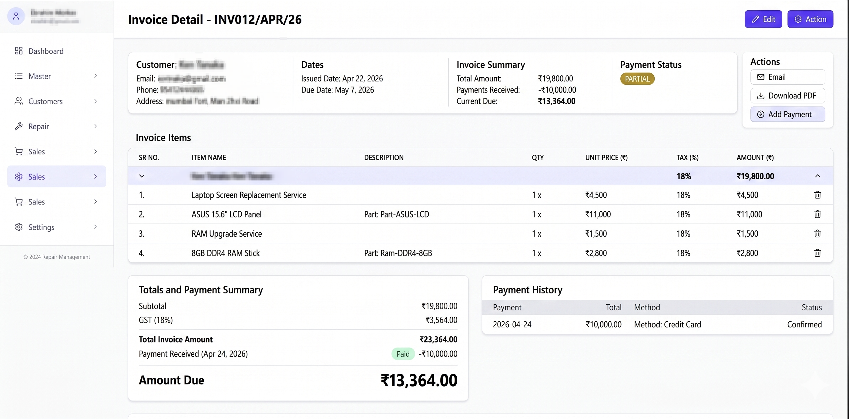 TTech invoice detail — line items and payment tracking